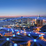 A city with a CGI layer on it