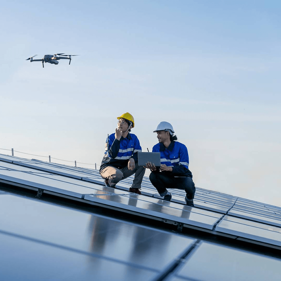 Two engineers inspecting solar panels.