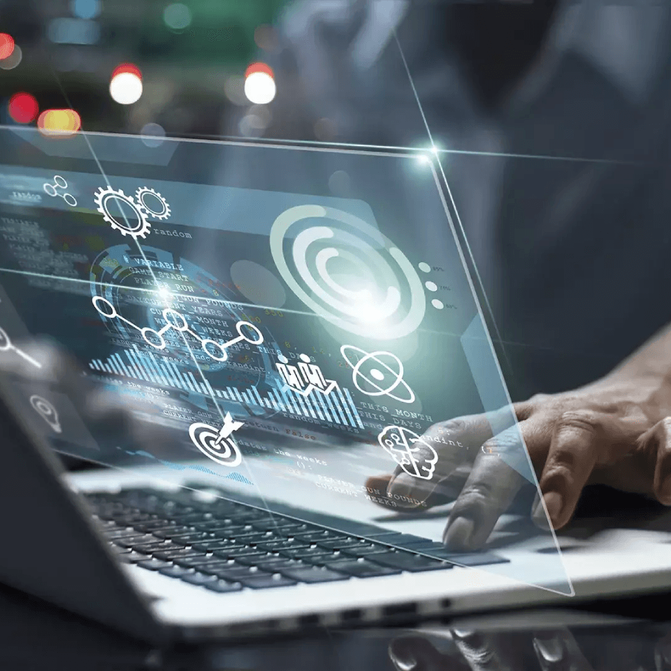 Futuristic image of a man holding his laptop