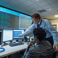 Two people collaborating on computer programming in office