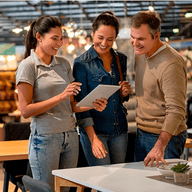 Three people smiling while seeing a paper