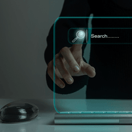Futuristic hand touching holographic search bar.