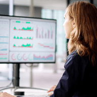 Woman analyzing data charts on monitor.