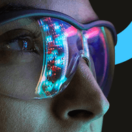 Close-up of glasses reflecting lights.
