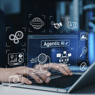Hands typing on laptop, AI interface.