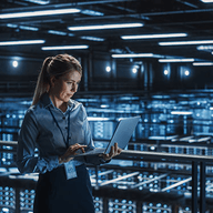 girl using her computer in a server room