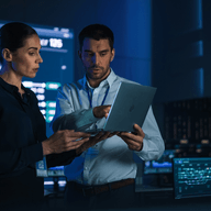 two workers talking