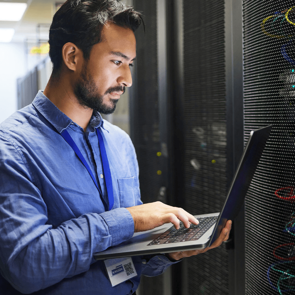 person in a server room