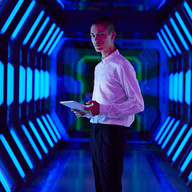 young businessman looking at a tablet